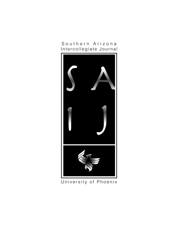SAIJ cover design where the letters 'S' and 'A' are stacked on top of the letters 'I' and 'J' with the University of Phoenix logo underneath