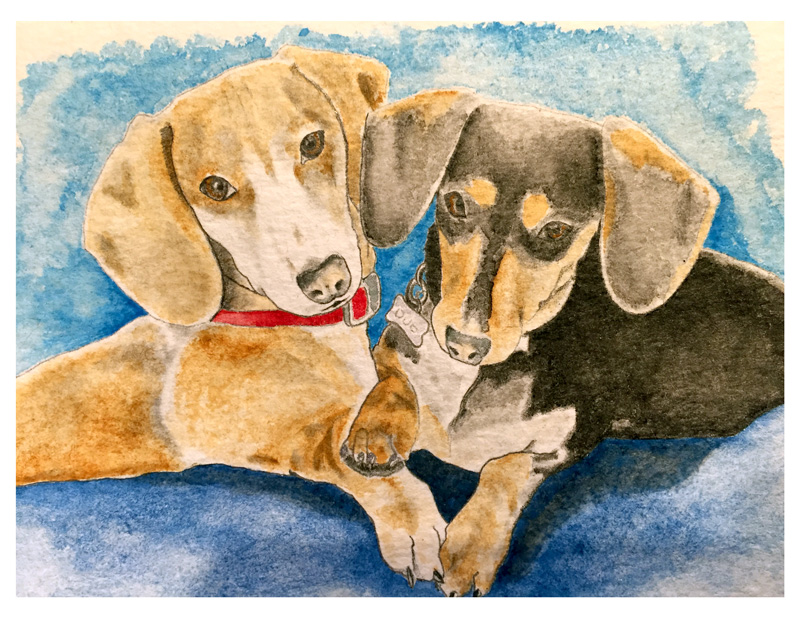 watercolor portrait of 2 puppies