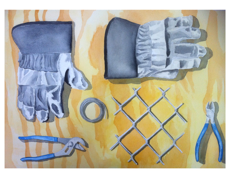 a watercolor of a still-life containing gloves and fencing tools, as well as fence cutters